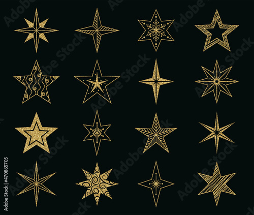 Christmas and New Year decoration. Hand drawn stars collection. Vector illustration. Gold glitter stars on transparent background.
