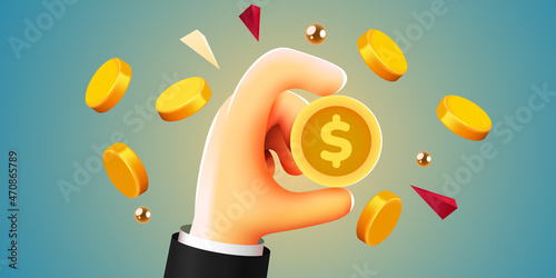 Cartoon hand holding golden dollar coin. Investment, profit, payment concept.