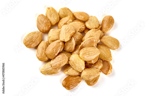 Salted almond nuts, isolated on white background.