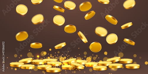 Falling coins, falling money, flying gold coins, golden rain. Jackpot or success concept. Modern background.