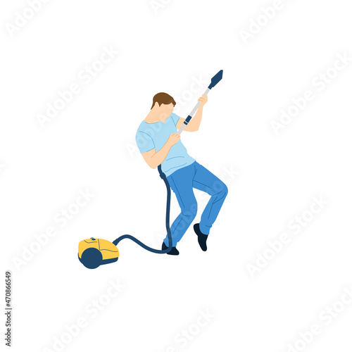 The man is vacuuming. The man imitates playing the guitar. Vector illustration. photo