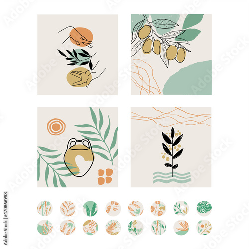 Abstract decor with plants. A set of spotted flowers in the boho style. Creative templates for social networks