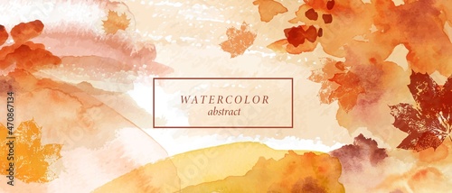 Abstract autumn watercolor art. Bright warm colors, fall leaves. Frame, background for text.