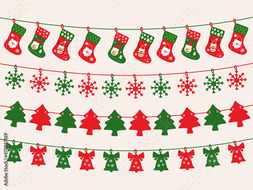 Merry Christmas home decoration props. Christmas decor hanging banner red green.Xmas garland. Christmas bunting flags, hanging ornament. New year.Santa Claus. Color flat vector illustration. Isolated 