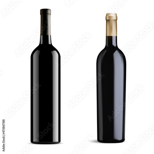 Black glass red wine bottle vector mockup, isolated on white background. two bottles of burgundy wine design, elegant winery product design. Dark glass merlot bottle, dining alcohol drink