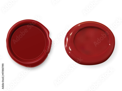Red wax seal, vector ribbon medallion, luxury stamp. Christmas promotion envelope emblem. Antique insurance symbol design. Warranty sertificate signature, isolated icon