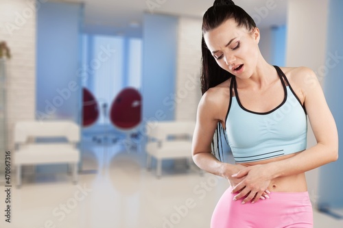 Flatulence young woman, girl hand in stomach ache, suffer from food poisoning, abdominal pain