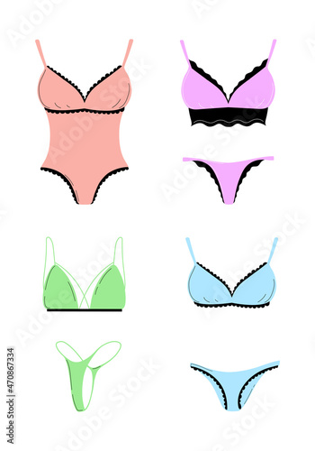 Collection of women's underwear. Elegant lingerie sets, bodysuits, panties and bras. The concept of femininity and beauty. Vector illustration in a cartoon flat style.