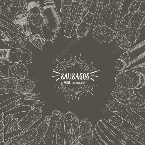 Frame background of sausage products. Sausages, bacon, lard, salami in sketch style.