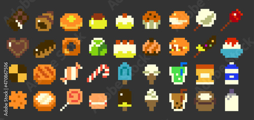Pixel art vector game sweets and dessert icon set (color)	