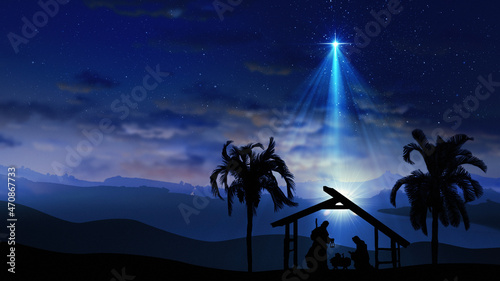 Christmas Nativity Scene with animals and trees on starry sky