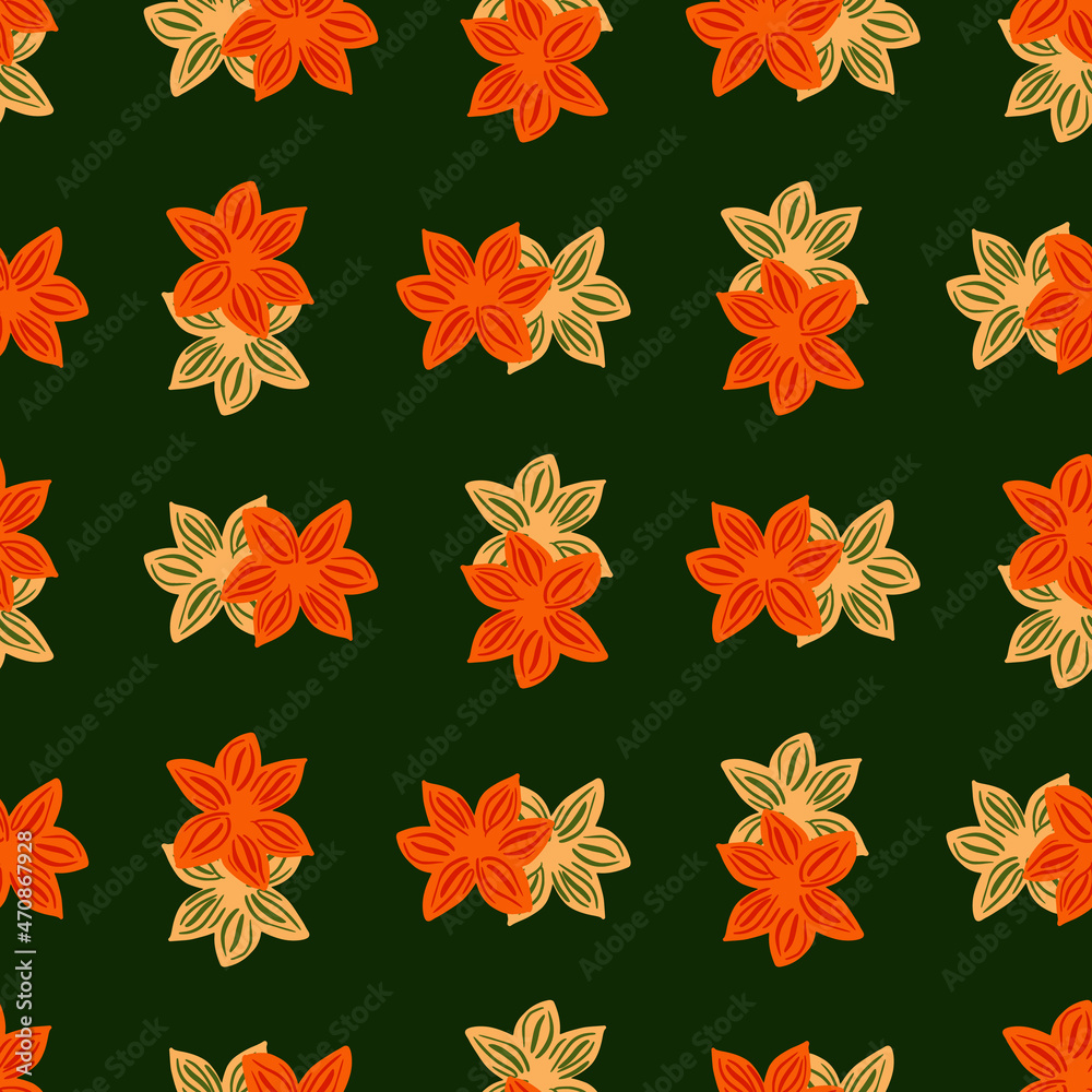 Seamless pattern sanise on dark green background. Vector repeat template spice in doodle style. Hand drawn elements nature texture for fabric.