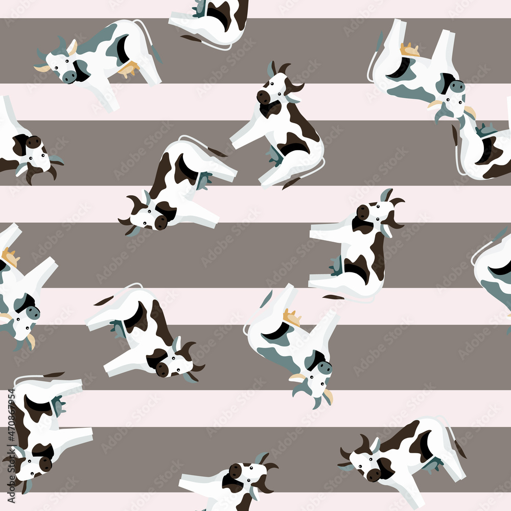 Seamless pattern cow on striped pink gray background. Texture of farm animals for any purpose.