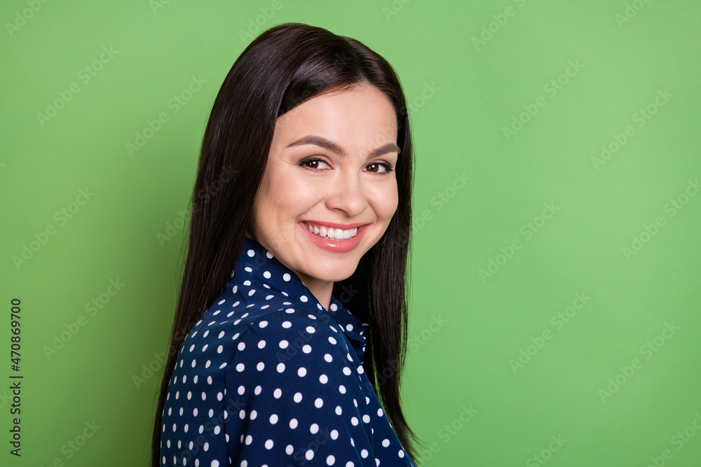Profile photo of cool brunette hairdo ceo lady wear blue shirt isolated on green color background