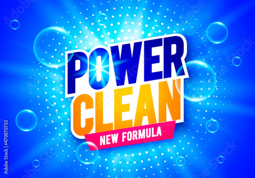 Vector Illustration Power Clean Wash Package Label With Soap Bubbles
