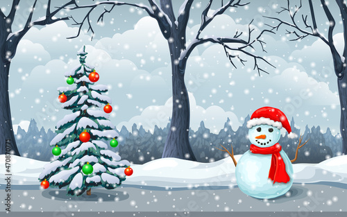wintertime picture with snowflakes, cute snowman, spruce. snowy day beautiful scene. north festive landscape. cartoon vector illustration. winter holiday background. for postcard, wallpaper, printing.
