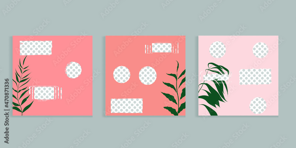 Social media covers with simple design elements . grunge style . Leaves . Post frame stories templates.  Layout for promotion .Media banner .Vector