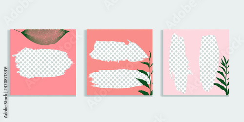 Social media covers with simple design elements . grunge style . Leaves . Post frame stories templates.  Layout for promotion .Media banner .Vector