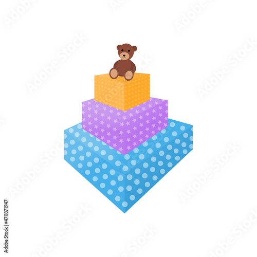 Gift boxes and toy bear. White background. Cartoon