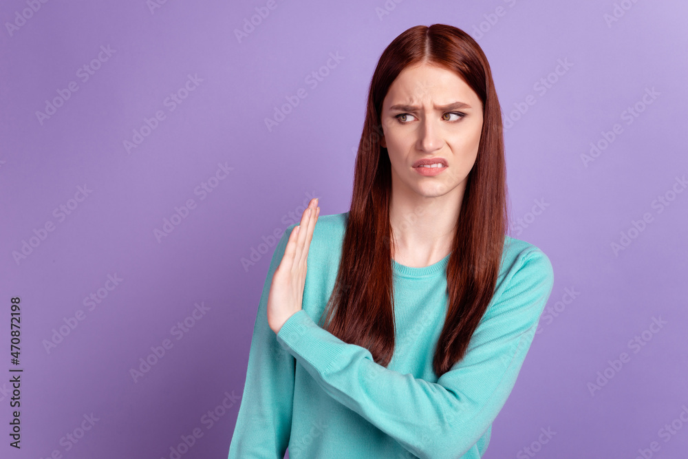 Photo of youth lady moody look empty space show hand no stop symbol solated over violet color background Photo of youth lady moody look empty space show hand no stop symbol solated over violet color background
