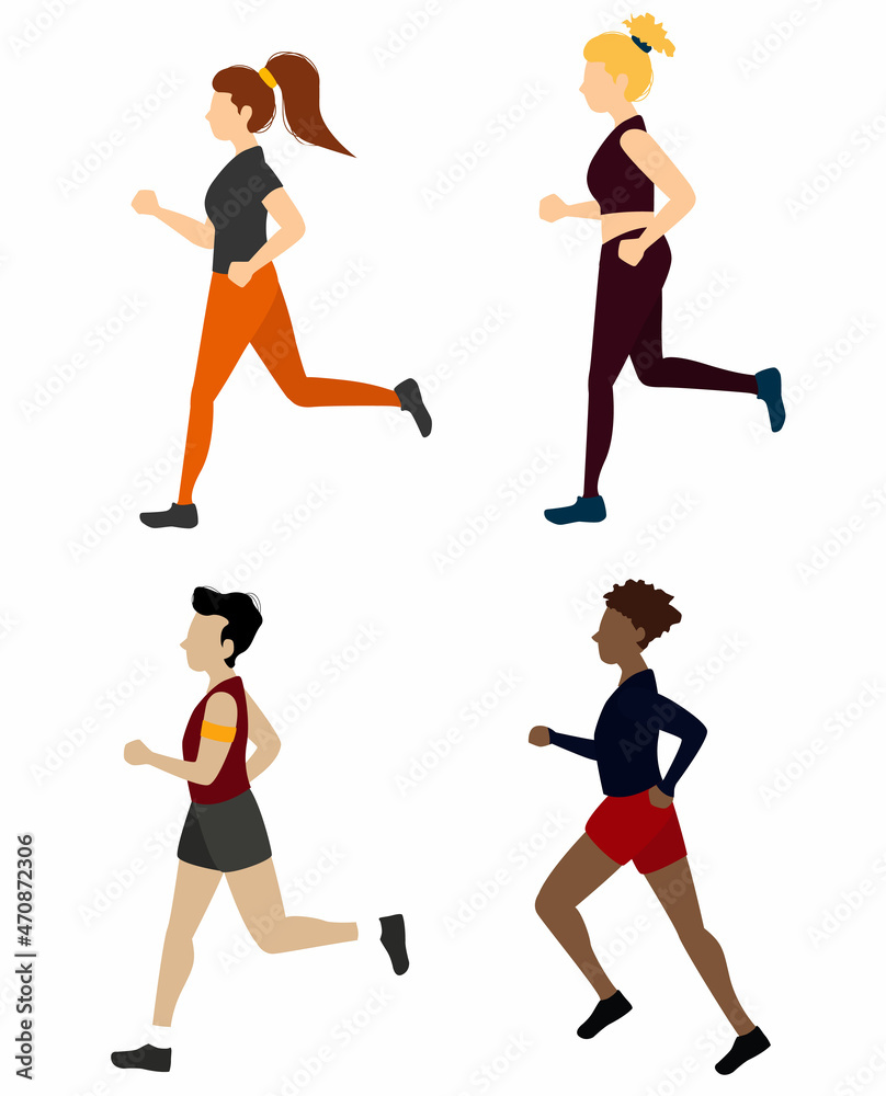 Set Men and women athletes doing jogging.