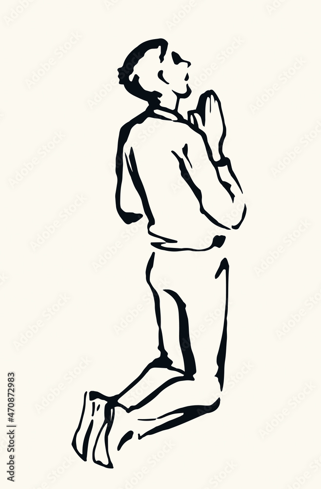 Vector drawing. Adult praying man