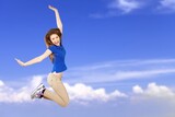 Full body of lady jump on sky background