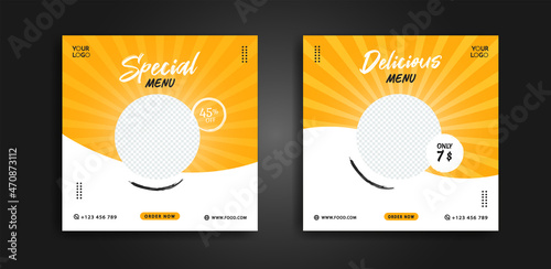 A collection of food menu themed square post social media templates that you can edit. Perfect for business branding, social media posts, web ads, social media ads and food menu posters.