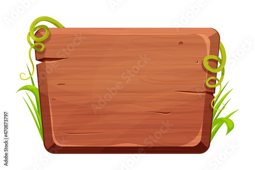 Wooden plank, jungle frame with leaves, exotic decoration in comic cartoon style isolated on white background. Empty board, textured an detailed.