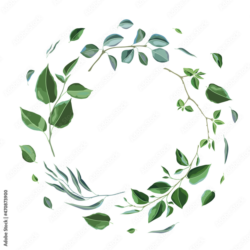 Frame with branches and green leaves. Spring or summer stylized foliage.