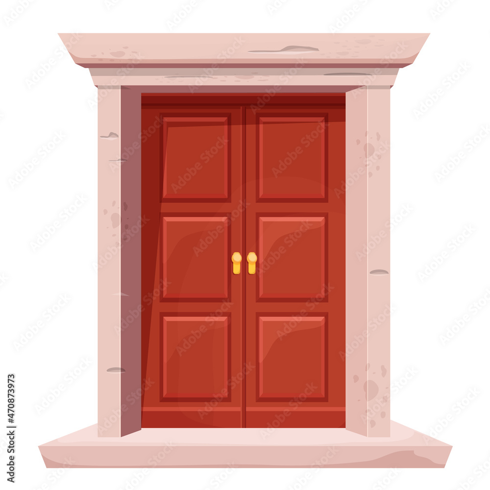 Wooden door with window, stone door frame in cartoon style isolated on white background. Closed modern entrance. Element for decoration.