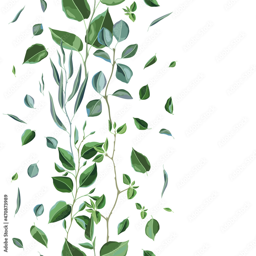 Seamless pattern with branches and green leaves. Spring or summer stylized foliage. Seamless pattern with branches and green leaves. Spring or summer stylized foliage.