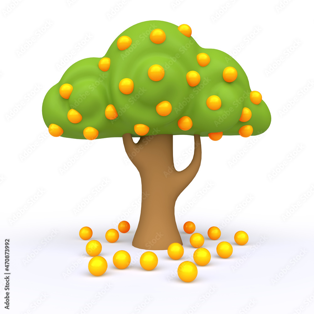 Cartoon green tree with orange fruit isolated on white background. Colorful  modern minimalistic concept render. Stylized funny children clay, plastic  or wood toy. Realistic fashion 3d illustration. Stock Illustration | Adobe  Stock