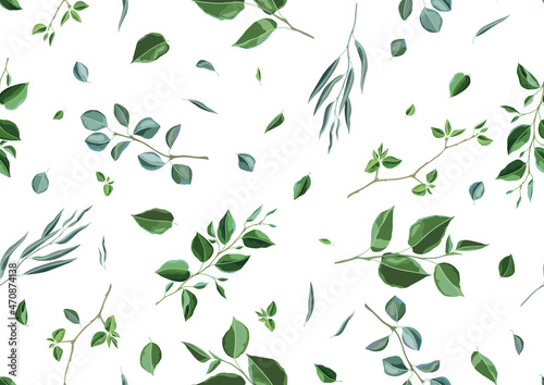 Seamless pattern with branches and green leaves. Spring or summer stylized foliage.