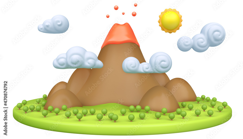 Cartoon nature landscape with volcano isolate on white background. Colorful modern minimalistic concept render. Stylized funny children clay, plastic or wood toy. Realistic fashion 3d illustration.