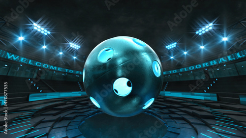 Fotografía Virtual sport stadium with blue glowing floorball ball floating in the air