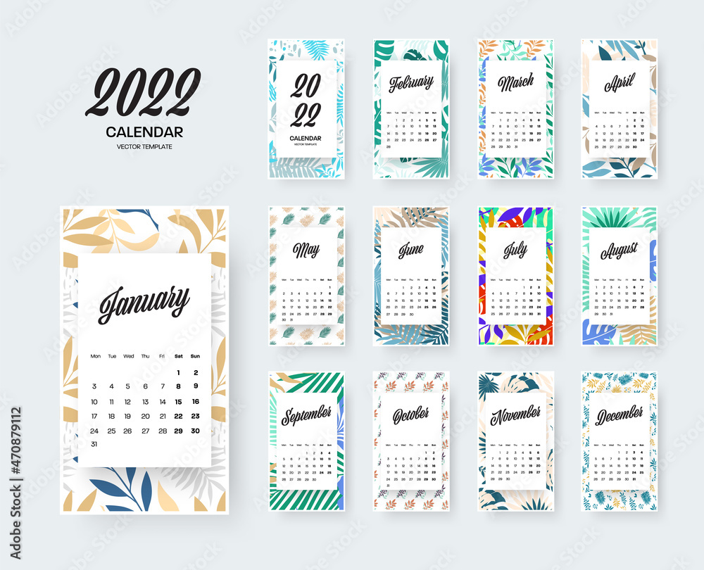 Vector vertical calendar 2022 template, colorful tropical pattern, white  insert with months, exotic leaves on background. Stock Vector | Adobe Stock