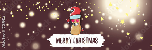 vector funky cartoon smiling santa claus potato with red santa hat and calligraphic christmas text on horizontal night background with blur and lights. vegetable funky christmas food character