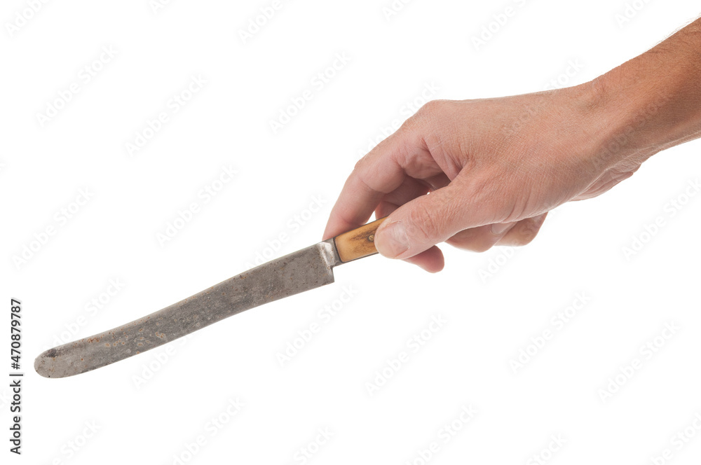 Man hand holding table knife isolated on white background Man hand holding table knife isolated on white background