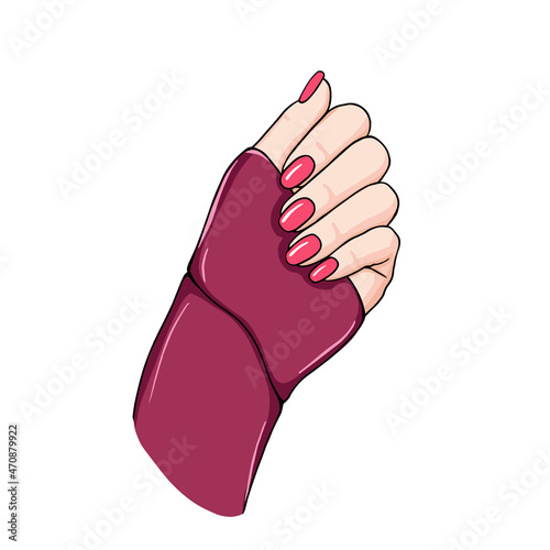 Beautiful nails vector, female hand isolated on white background. Fashion illustration for beauty salon, nail and manicure masters, covers, greeting cards, posters, stickers, seasonal design.