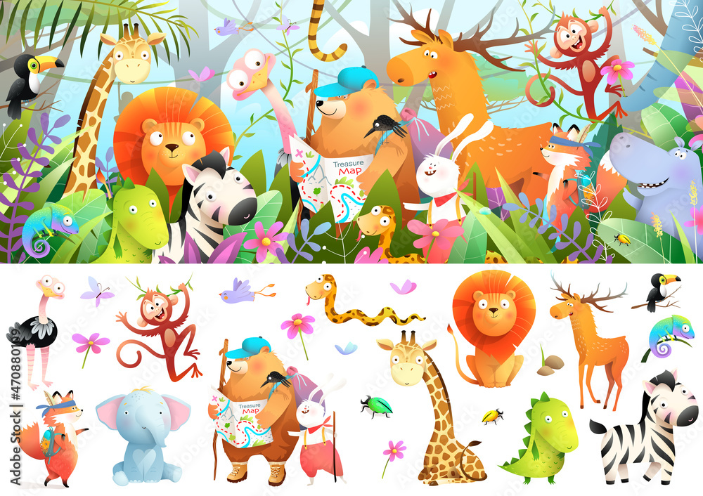 Fototapeta premium Many animals in jungle adventure expedition. Bear, lion rabbit and others hiking in forest, hiding in bushes. Isolated animals clipart kids storytelling and games. Watercolor style vector.