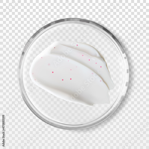 Transparent petri dish with cosmetic scrub smear isolated realistic vector illustration