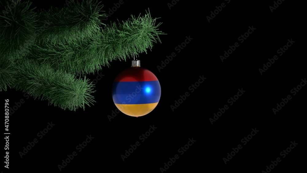 New Year's ball with the flag of Armenia on a Christmas tree branch in looped animation on a transparent background (alfa chanel). Christmas and New Year concept.