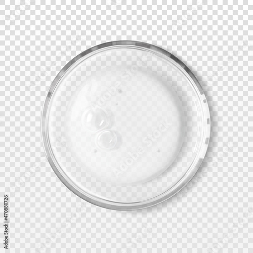 Transparent petri dish with clear cosmetic texture blob with bubbles isolated realistic vector illustration