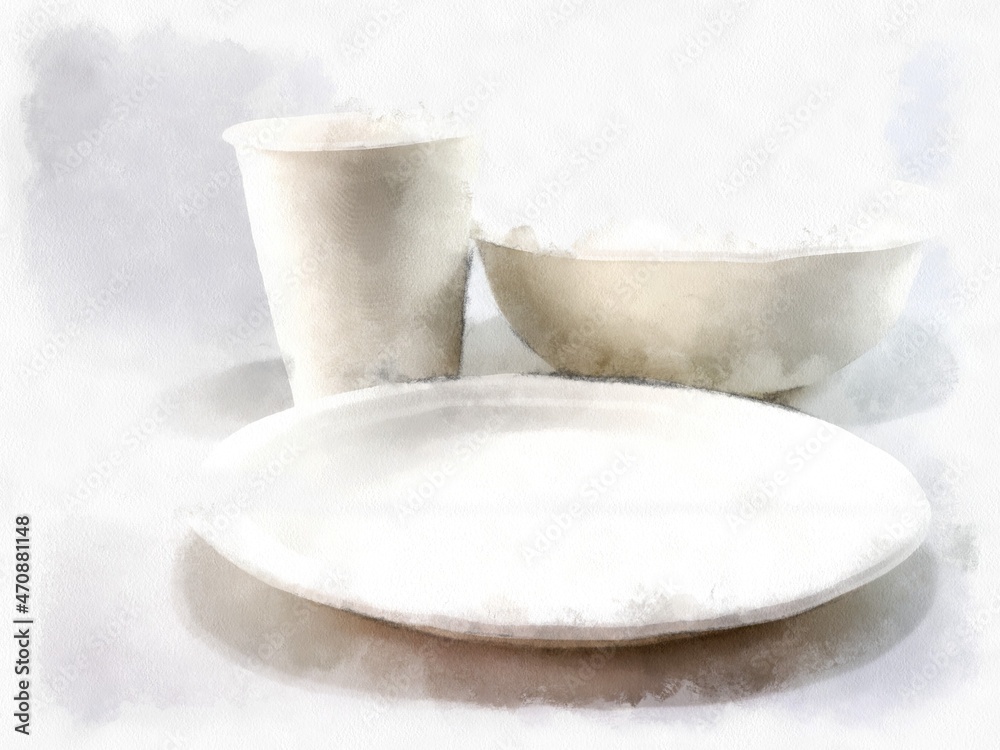 Set of plates glasses and paper cups watercolor style illustration impressionist painting. Set of plates glasses and paper cups watercolor style illustration impressionist painting.