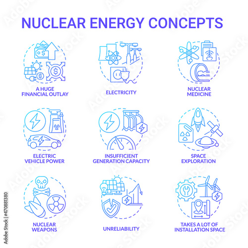 Nuclear energy blue gradient concept icons set. Innovative nuclear technology idea thin line color illustrations. Unreliability. Huge financial outlay. Vector isolated outline drawings