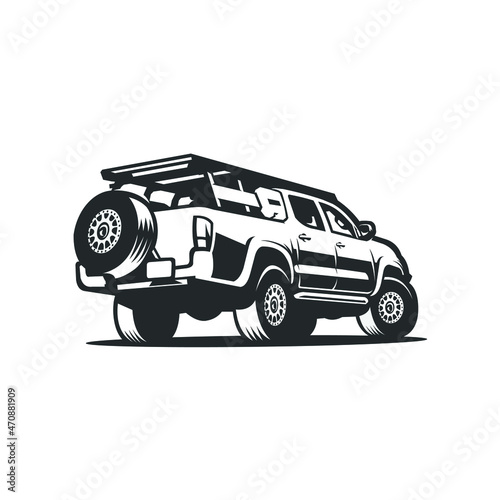 Overland 4x4 double cabin truck black and white vector isolated