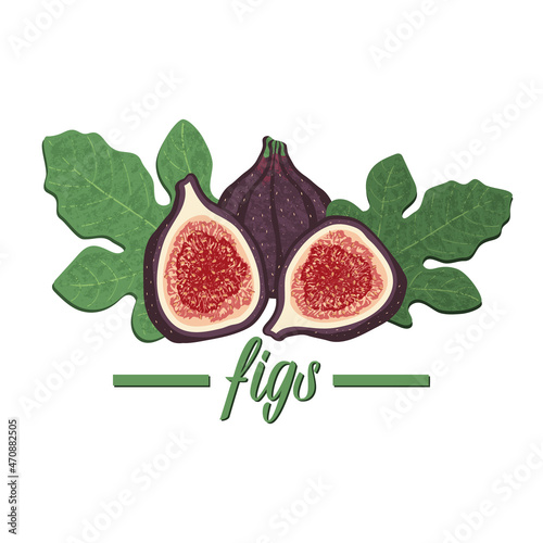 Whole figs with slices in a cut and stylized leaves. Vector illustration isolated on white background.