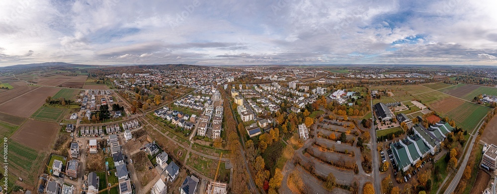 Drone panorama over Hessian spa town Bad Nauheim during the day in autumn