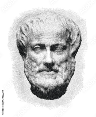 Aristotle pen sketch illustration. Greek philosopher and scientist. Poster, Wall Decoration, Postcard, Social Media Banner, Brochure Cover Design Background. Vector Pattern. 